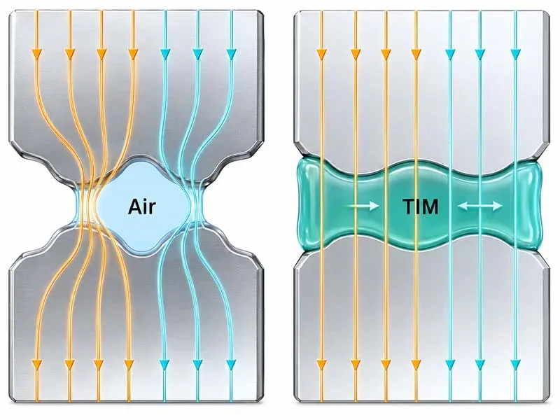 Cross-section diagram showing a thermal interface material filling microscopic surface gaps between a chip and heatsink, displacing air pockets to create a continuous heat transfer path.